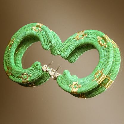 Grandes Créoles vert d’eau artisanales en fibres naturelles, fils dorés à l’or fin et argent 925