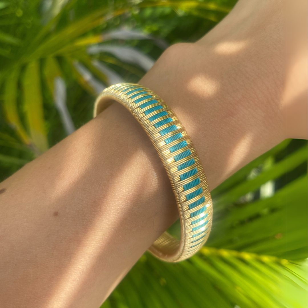 Bracelet éthique tissé turquoise Pluie Solnaré, fibres Werregue,fils dorés à l'or fin