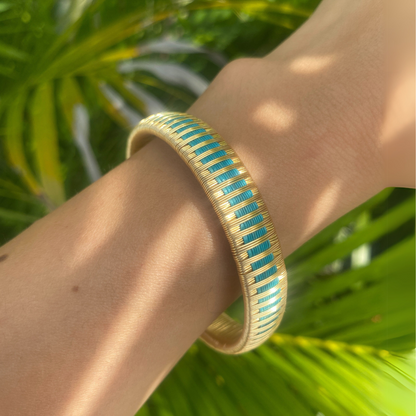 Bracelet éthique tissé turquoise Pluie Solnaré, fibres Werregue,fils dorés à l'or fin